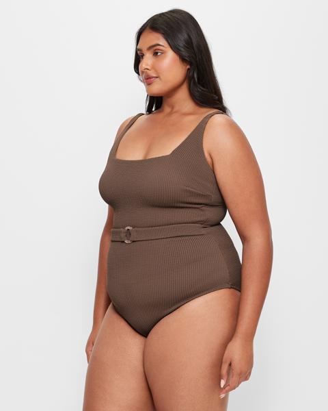 Crinkle One Piece Belted Swim Bathers Chocolate Target Australia