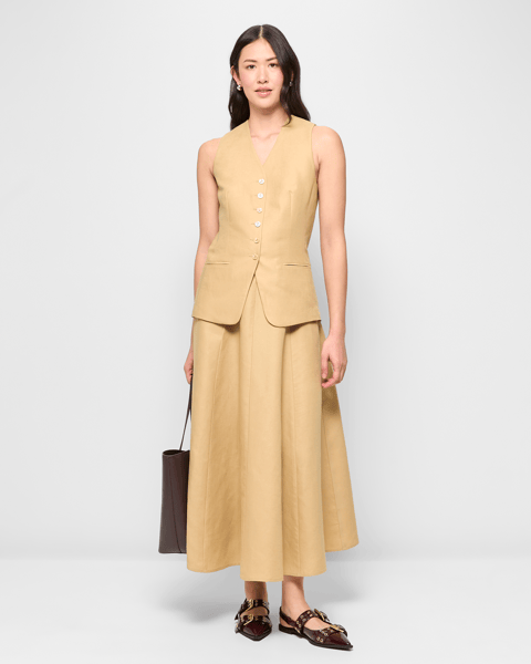 Linen Blend Asymmetric Check Pleated A-Line Midi Skirts