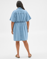 target plus size denim dress Women's Plus Size Jean Lapel Button Down Roll Short Sleeve Midi Summer  Casual Denim Dresses with Pockets