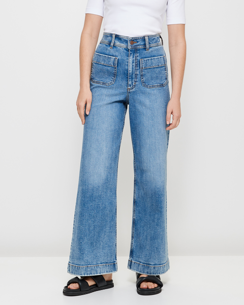 Mila Wide Leg High Rise Full Length Flat Front Denim Jeans - Pacific Blue
