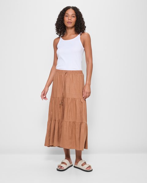 Linen Blend Tiered Maxi Skirt