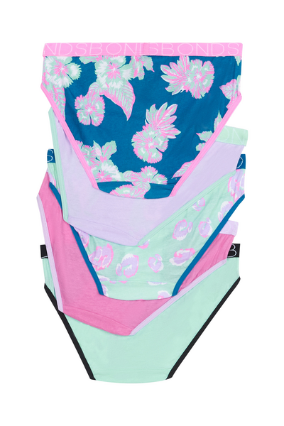 Bonds Girls Bikini Briefs 5 Pack - Floral Green/Pink