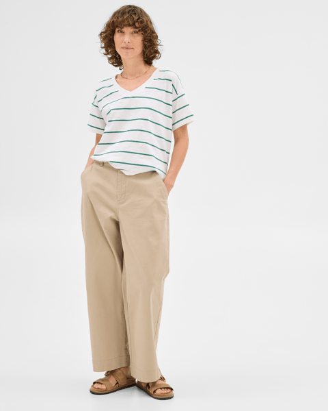 Australian Cotton Relaxed Slub V-Neck T-Shirt - White/Lush Green Stripe ...