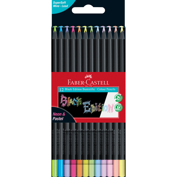 Faber-castell Black Edition Neon N Pastel Coloured Pencils 12 Pack 