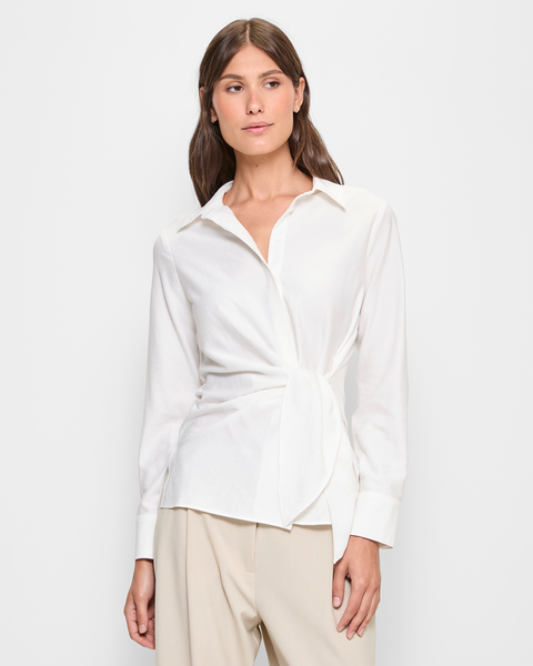 Long Sleeve Tie Front Shirt - Preview - White