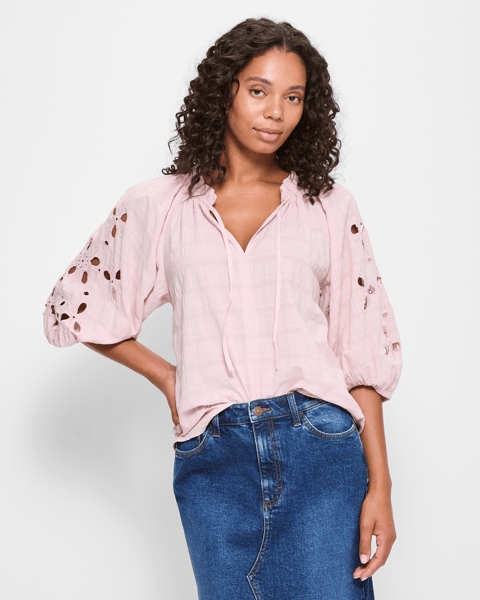 powder pink mid sleeve blouse with bow detail... m