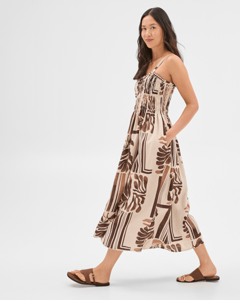 Euro Summer View Linen Blend Unique Print Tie-up Straps Pocket Midi Dress