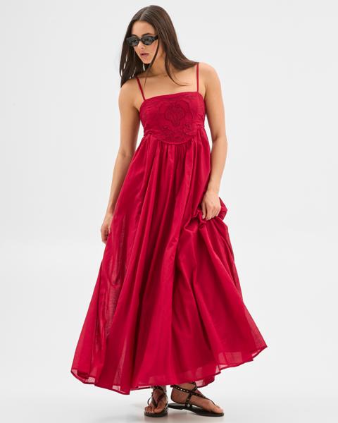 Embroidered Babydoll Maxi Dress - Lily Loves - Rhubarb