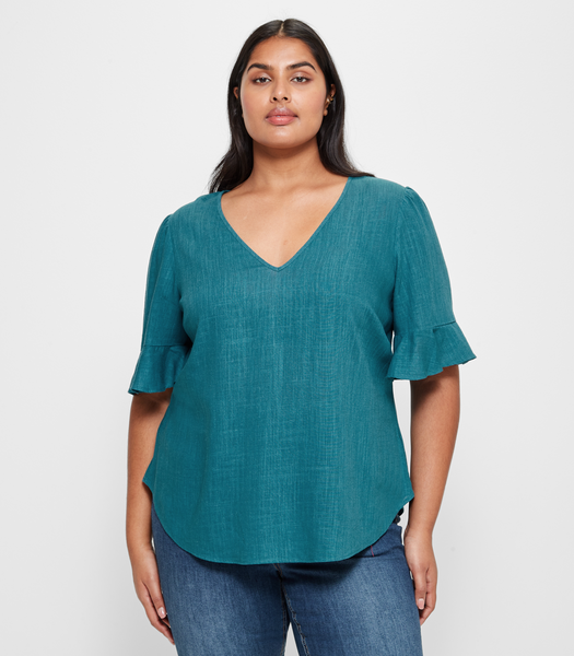 Curve Linen Blend Flutter Sleeve T-Shirt | Target Australia