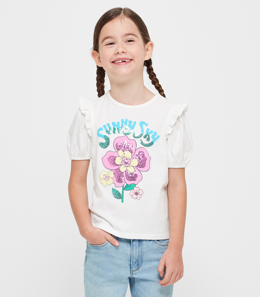 Frill Puff Sleeve T-shirt - Sequin Flower | Target Australia