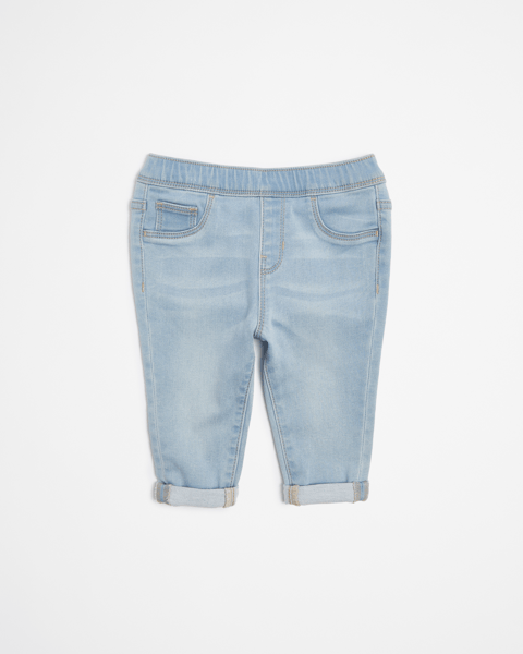 Babyhug Full Length Washed Denim Jeggings with Stretch & Text Embroidery - Light Blue