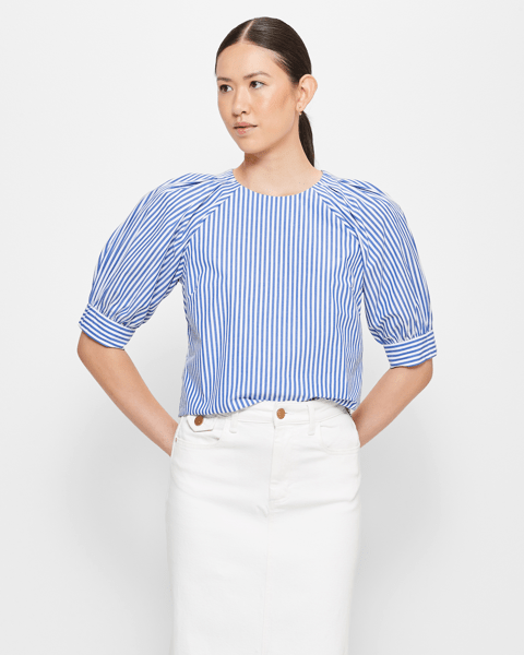 Striped Puff Sleeve Contrast Trim Top main image 1