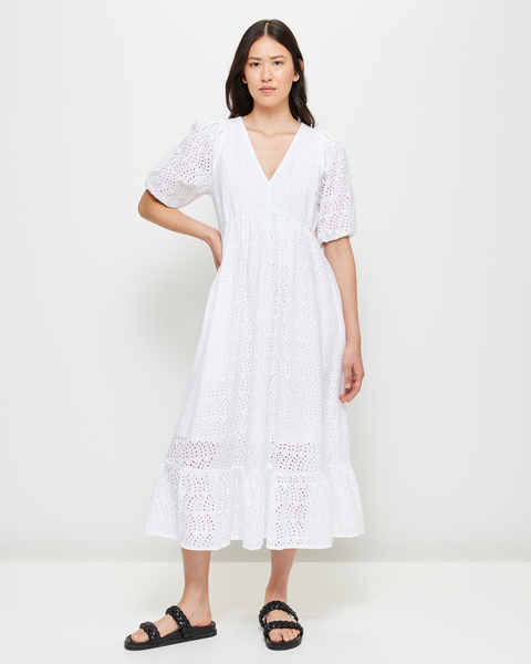 Broderie V-Neck Puff Sleeve Midi Dress | Target Australia