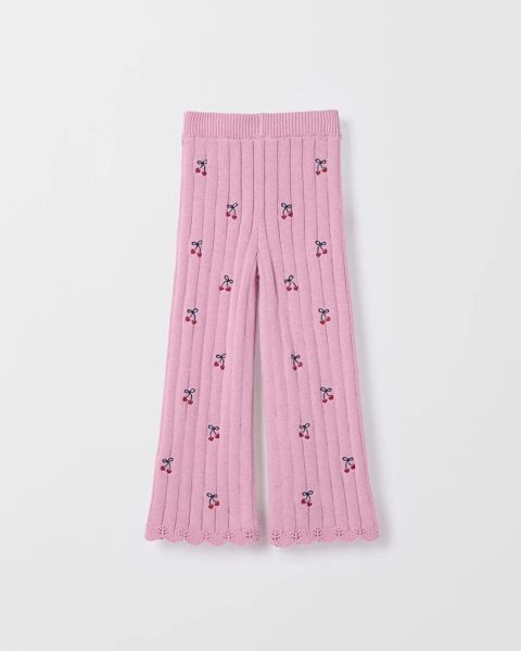 Australian Cotton Embroidered Crochet Flare Leg Pants - Pink