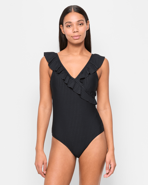 Resort Seersucker Frill Wrap One Piece Bathers - Shape Your Body