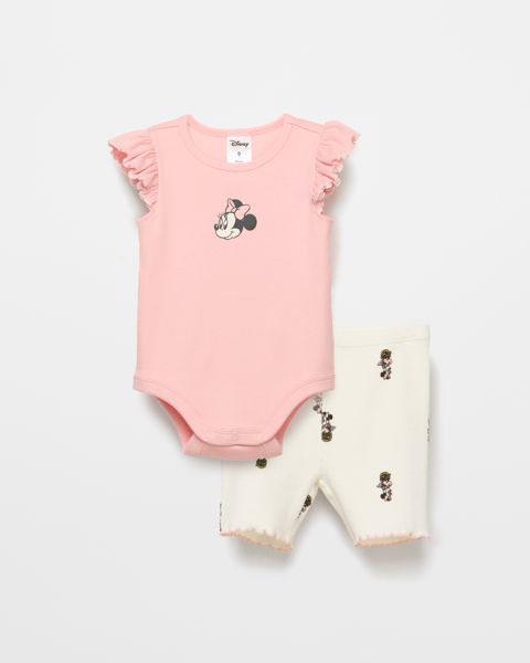 Babyhug Disney Denim Short With Minnie Mouse Print & Belt - Navy Blue