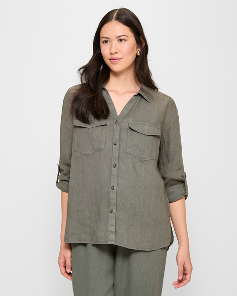 European Linen Roll Cuff Shirt - Olive | Target Australia