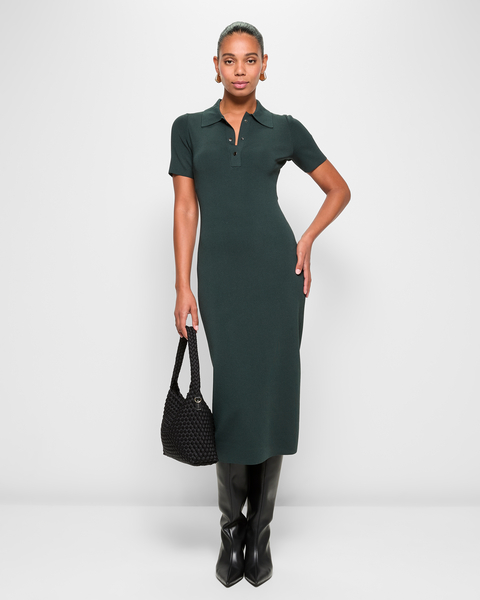 Crepe Knit Polo Midi Dress - Preview - Forest Green