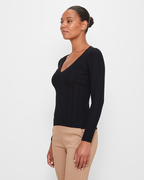 V-Neck Variegated Rib Knit Top - Preview - Black