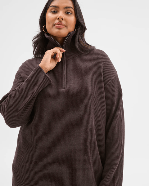 Plus Size Australian Cotton Blend 1/4 Zip Jumper - Brunette