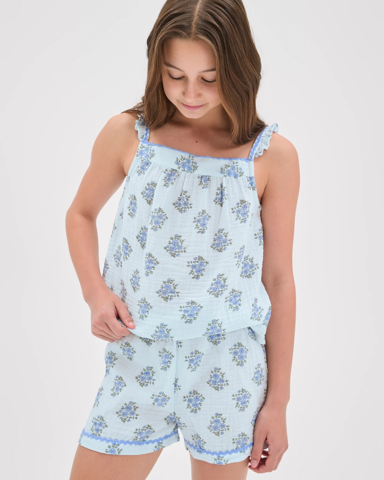 Australian Cotton Older Girls Cami Woven Pyjama Set - Blue Floral 4 of 5