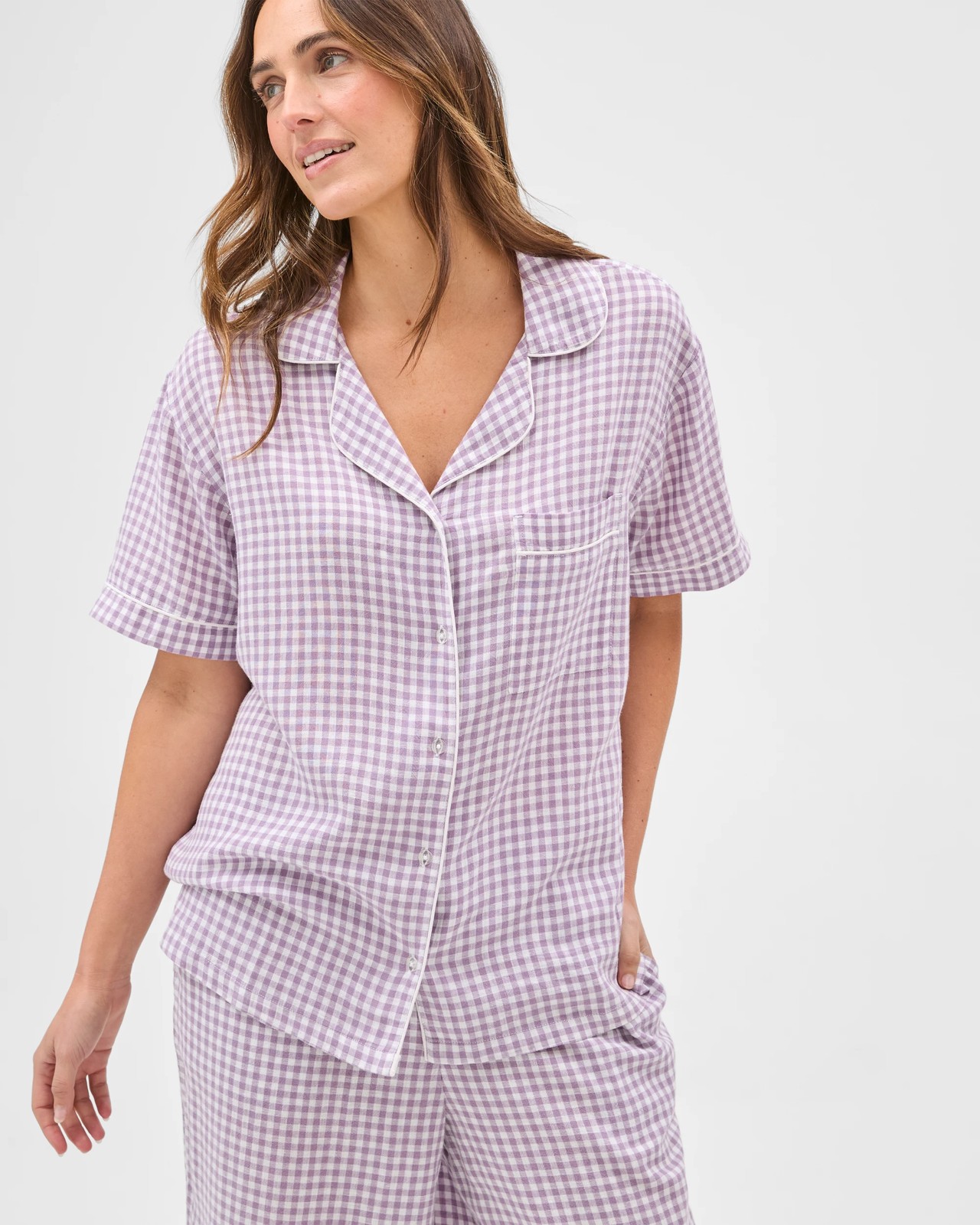 Linen Blend 7/8 Length Pyjama Set - Purple gingham 3 of 6