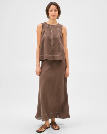 European Linen Seam Detail Midi Skirt