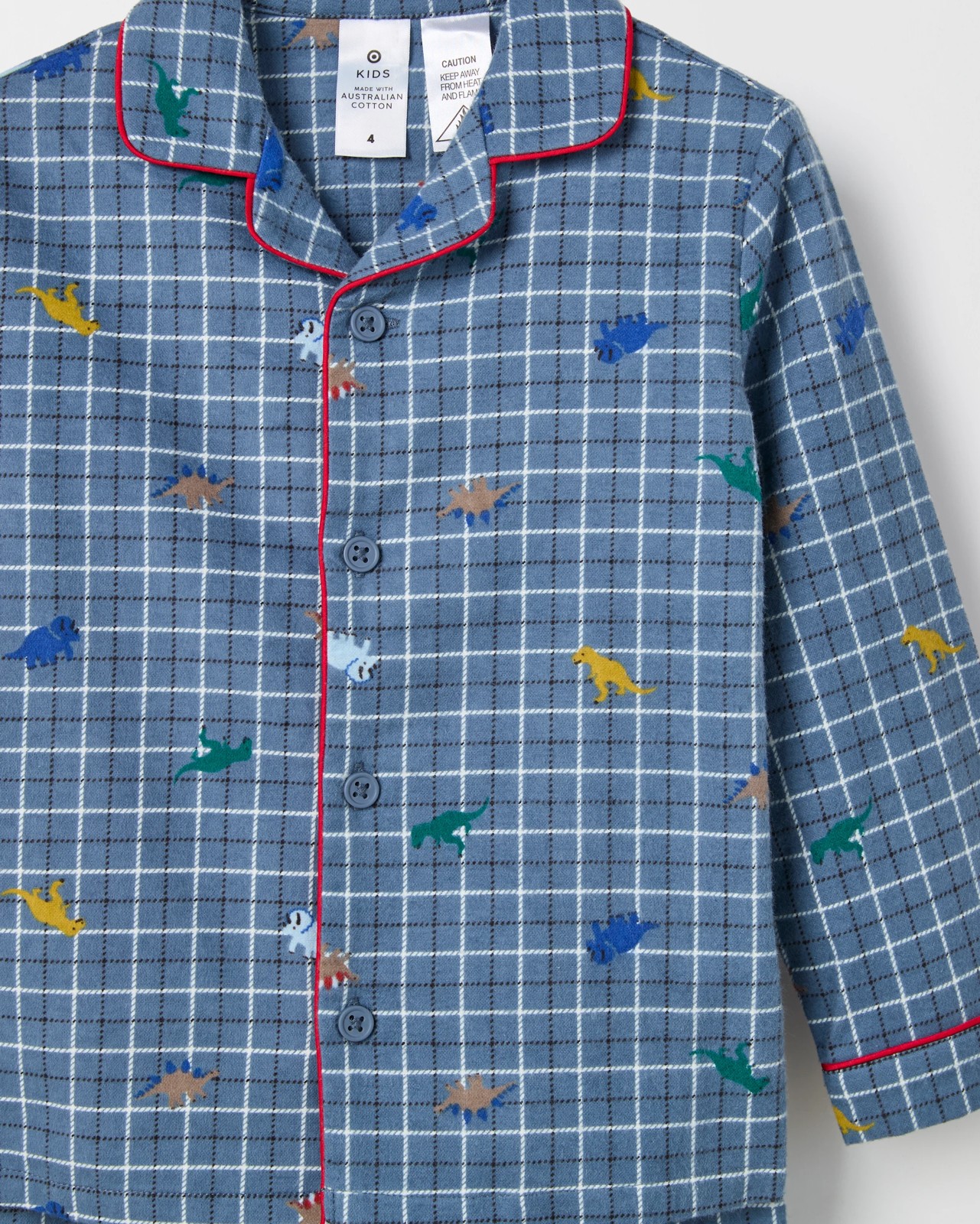 Younger Boys Australian Cotton Long Sleeve Top & Long Length Pants Flannel Pyjama Set - Dino Check 2 of 3