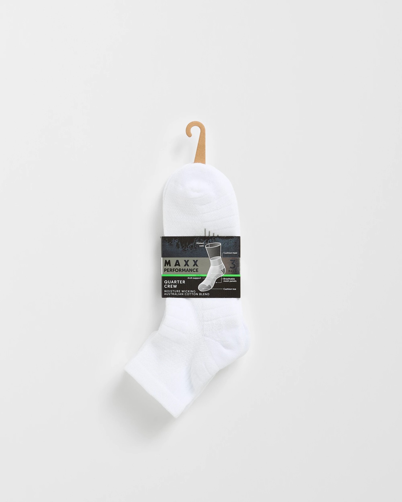 Maxx Australian Cotton Blend 3 Pack Performance Quarter Crew Socks - White 3 of 3