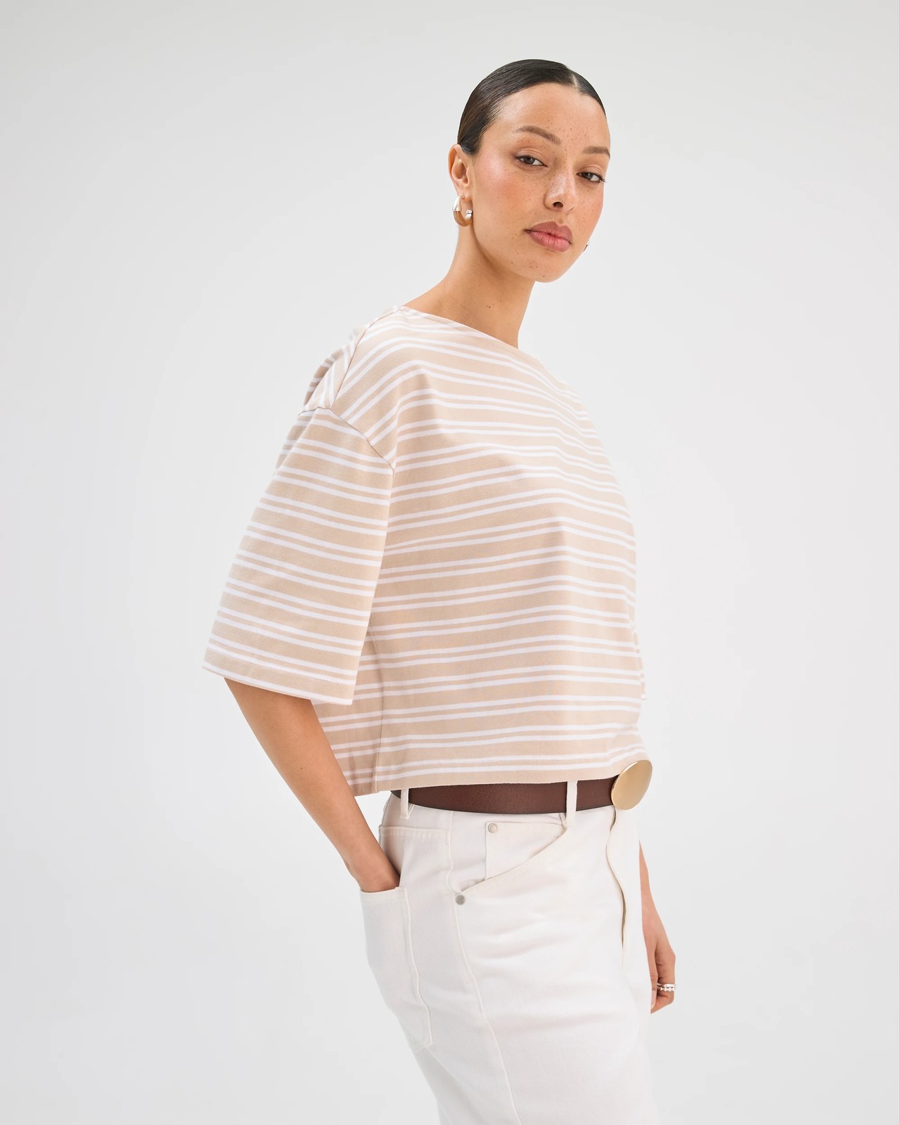 Australian Cotton Boat Neck Boxy T-Shirt - Neutral/White Stripe 5 of 5