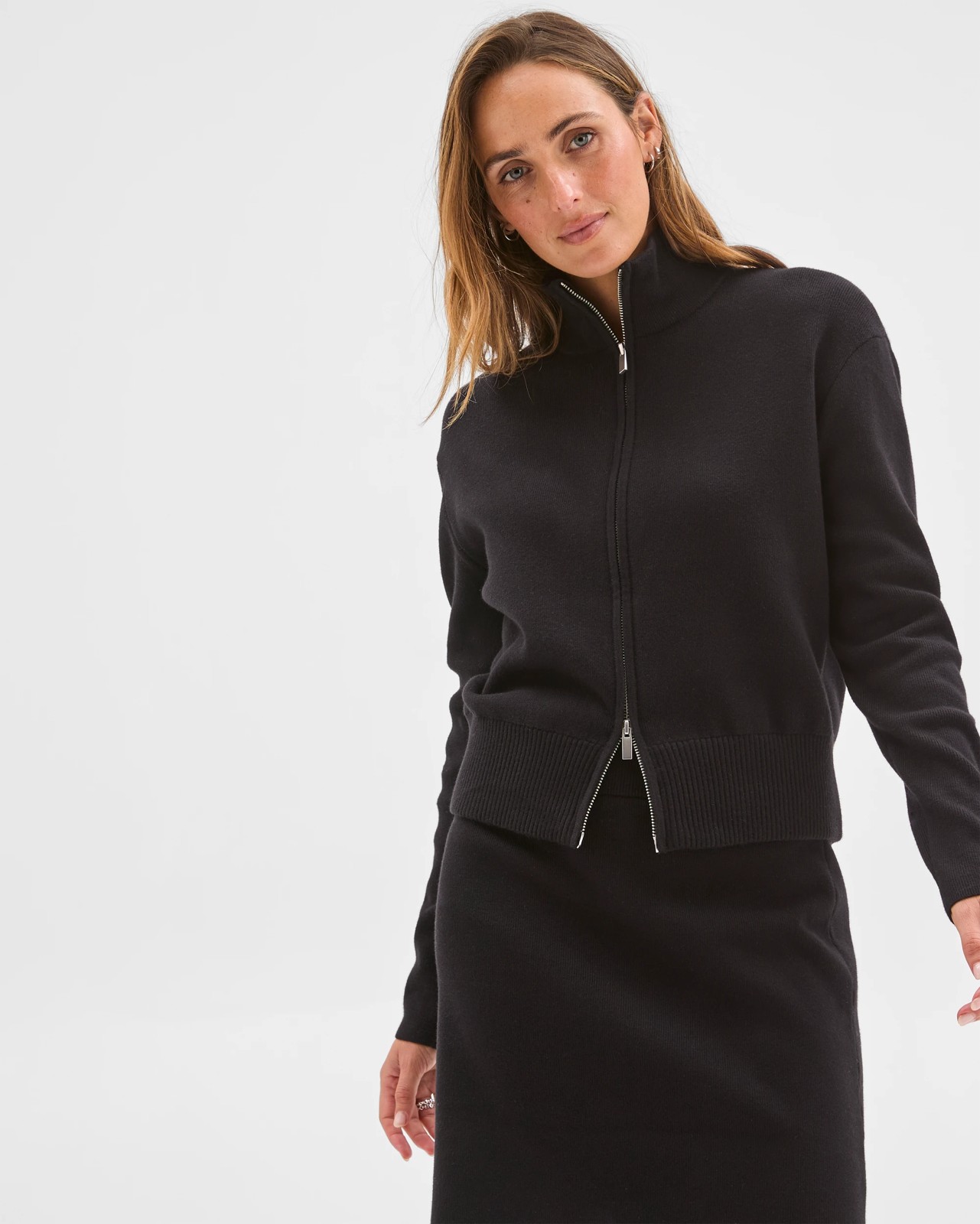 Preview Australian Cotton Blend Polished Knit Bomber Cardigan - Black 2 of 6