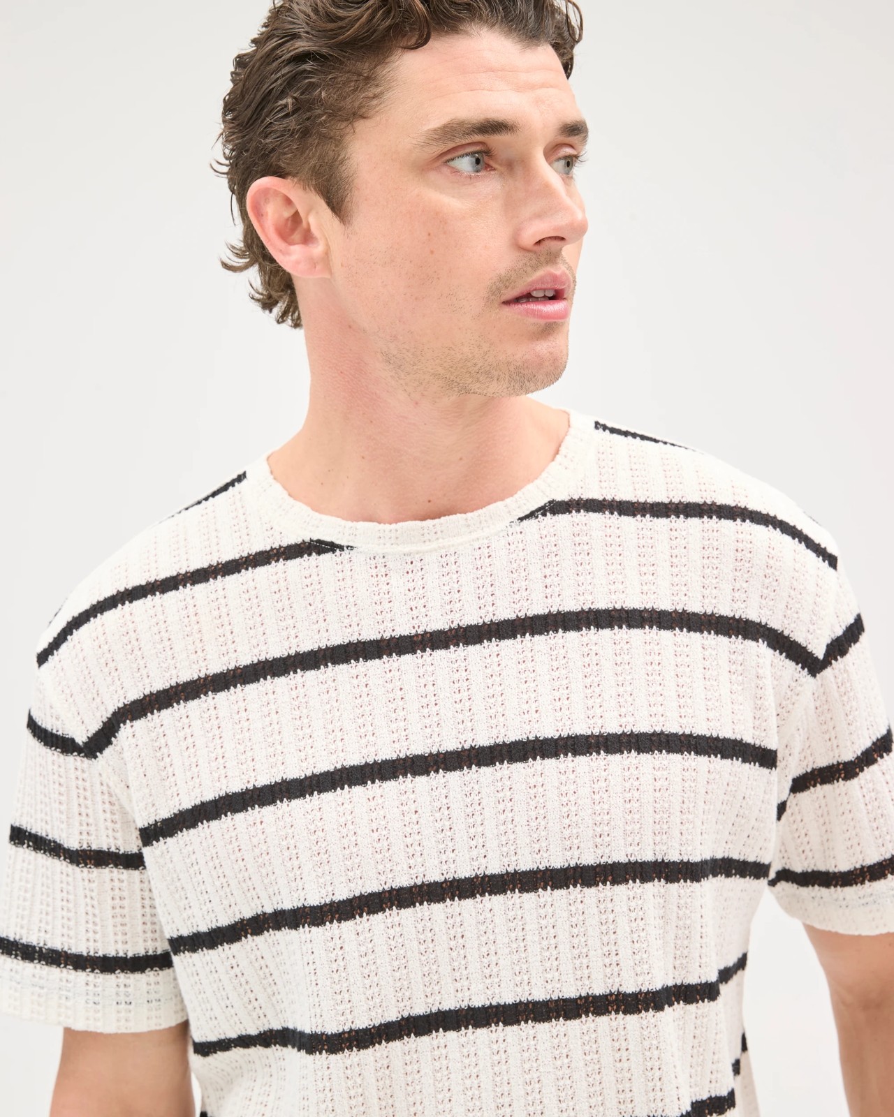 Australian Cotton Blend Pointelle Stripe T-Shirt - Neutral 3 of 6