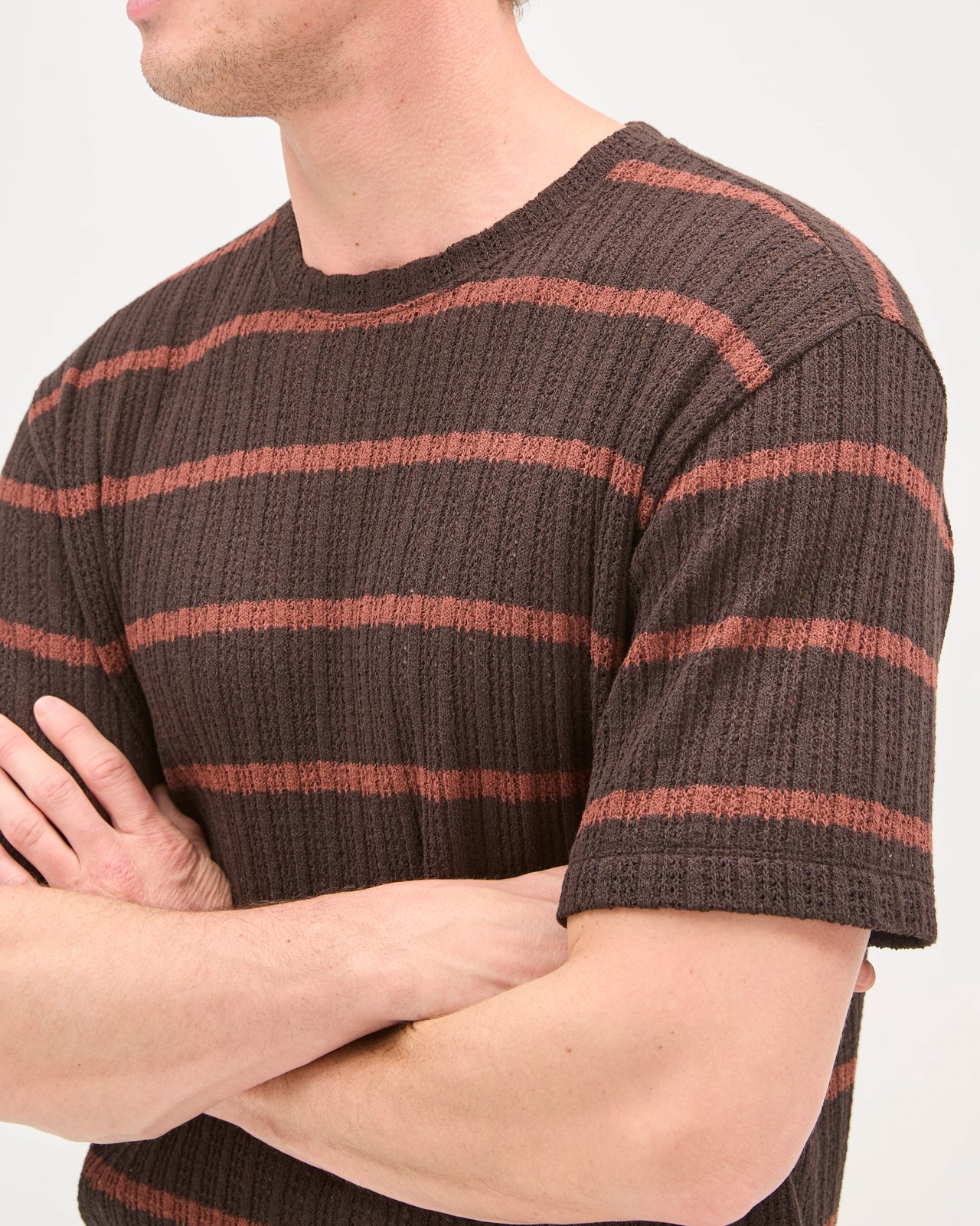 Australian Cotton Blend Pointelle Stripe T-Shirt - Chocolate 4 of 6