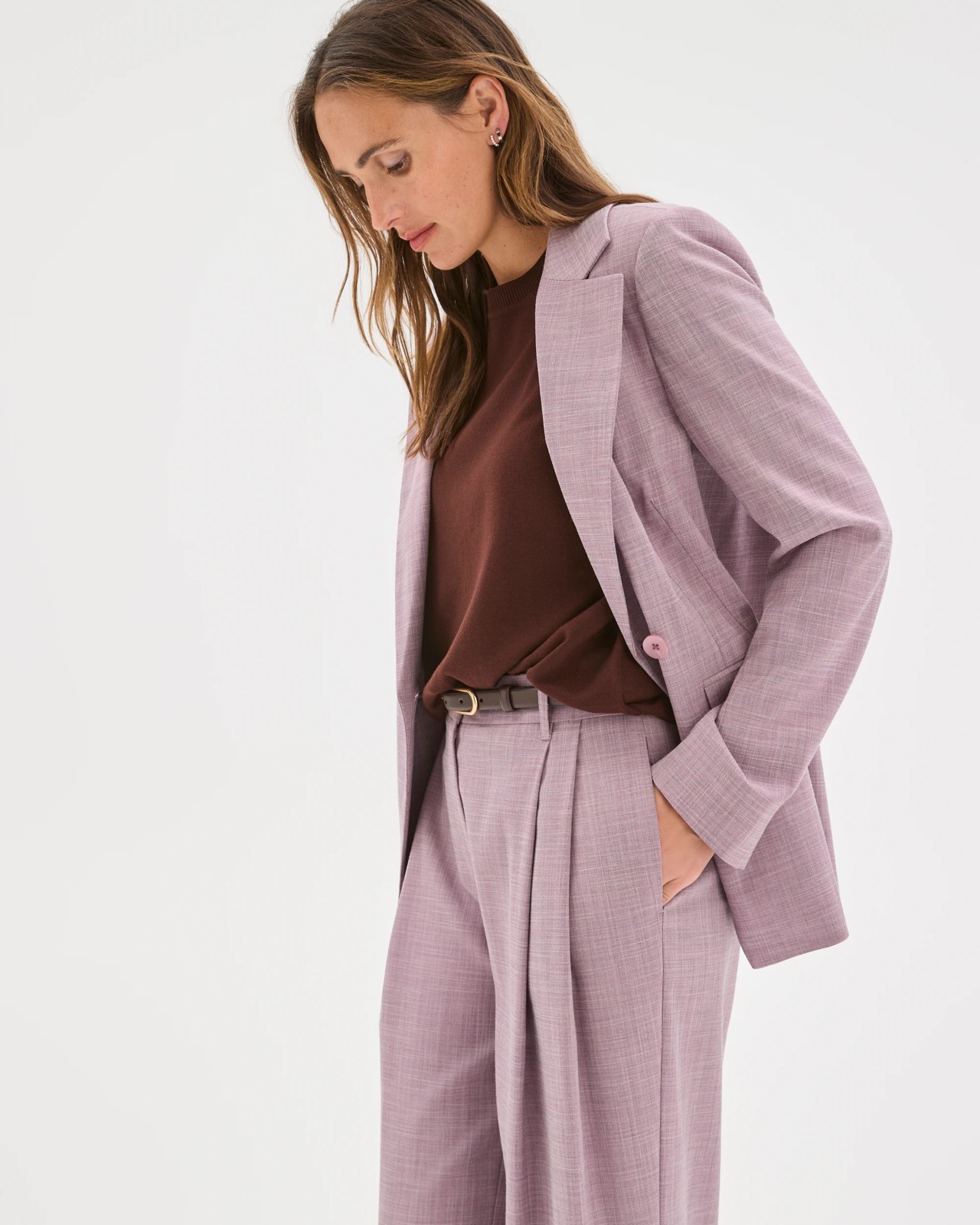 Preview Double Pleat Wide Leg Pants - Berry Cream Melange 5 of 5