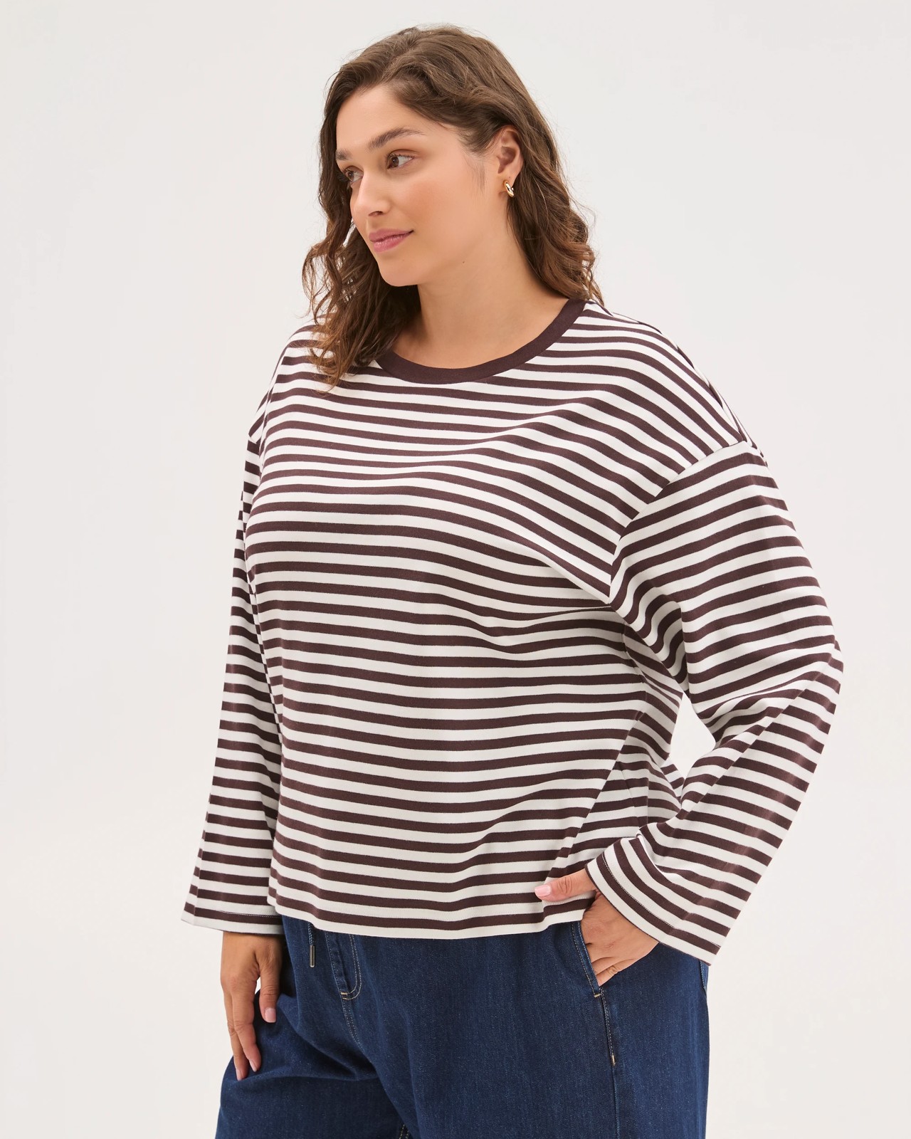 Plus Size Australian Cotton Long Wide Sleeve T-Shirt - Brunette/White 4 of 6