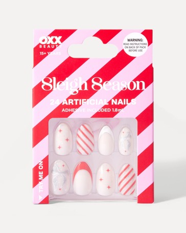 OXX Beauty 24 Pack Sleigh Season Artificial Nails with Adhesive - Almond Shape, Red and White