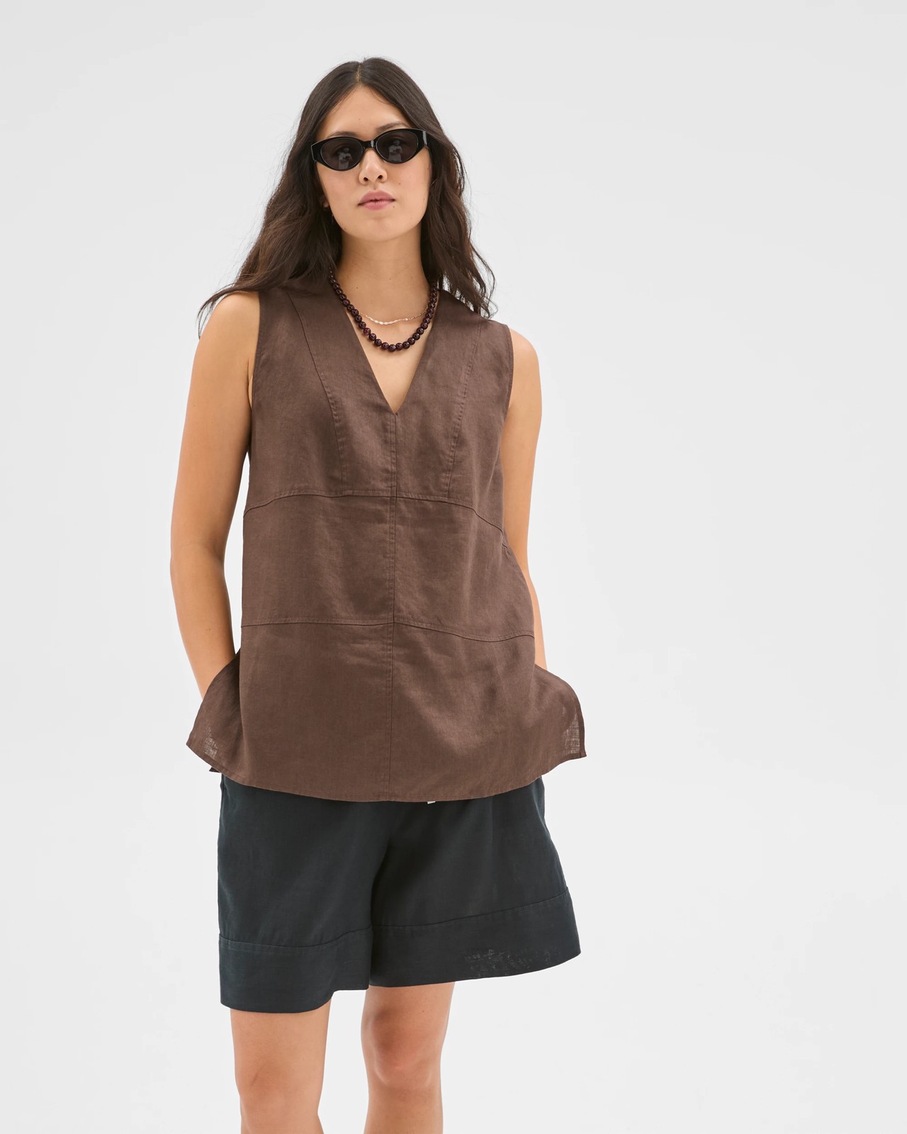 European Linen Sleeveless Tunic - Coffee Bean 2 of 6