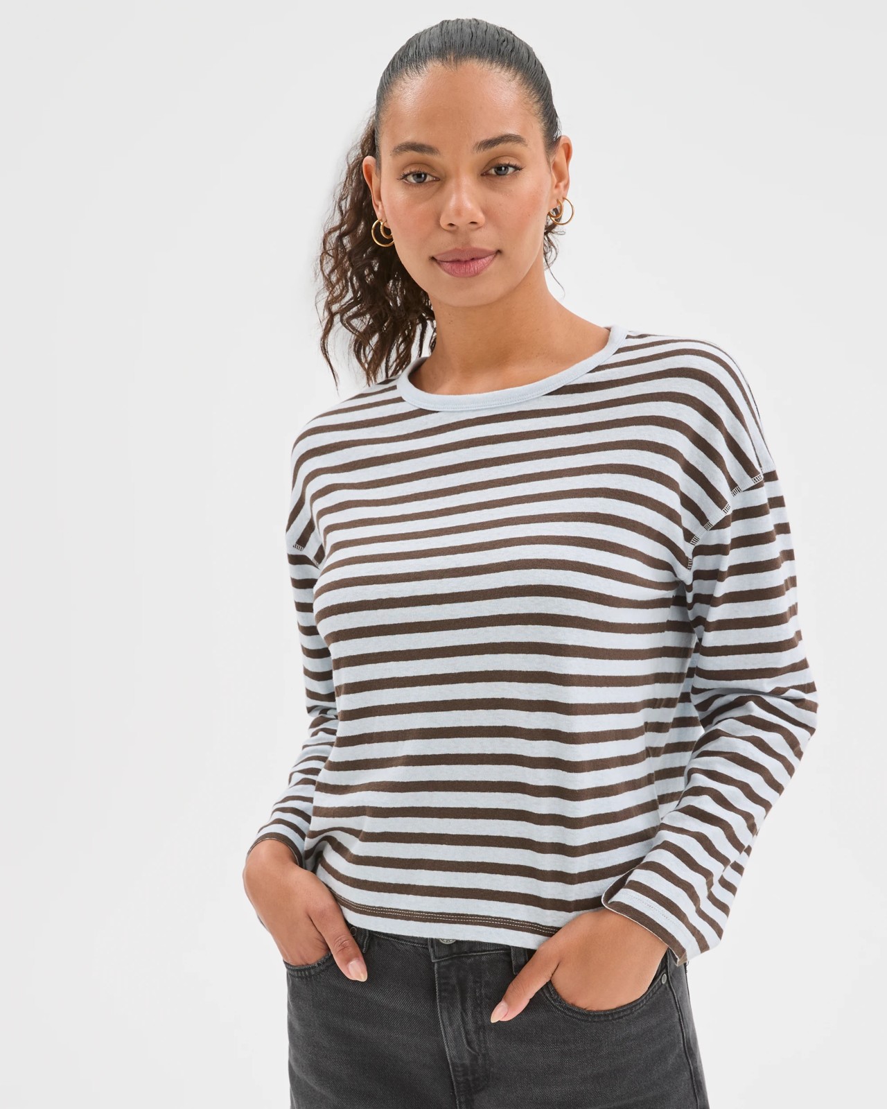 Australian Cotton Long Sleeve Relaxed Slub T-Shirt - Sky Blue/Coffee Bean Stripe 3 of 6