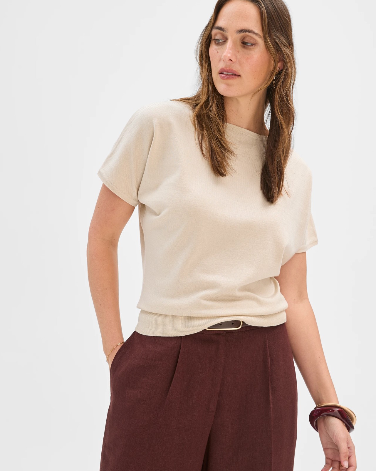 Preview Extended Short Sleeve Knit Top - Pumice 4 of 5