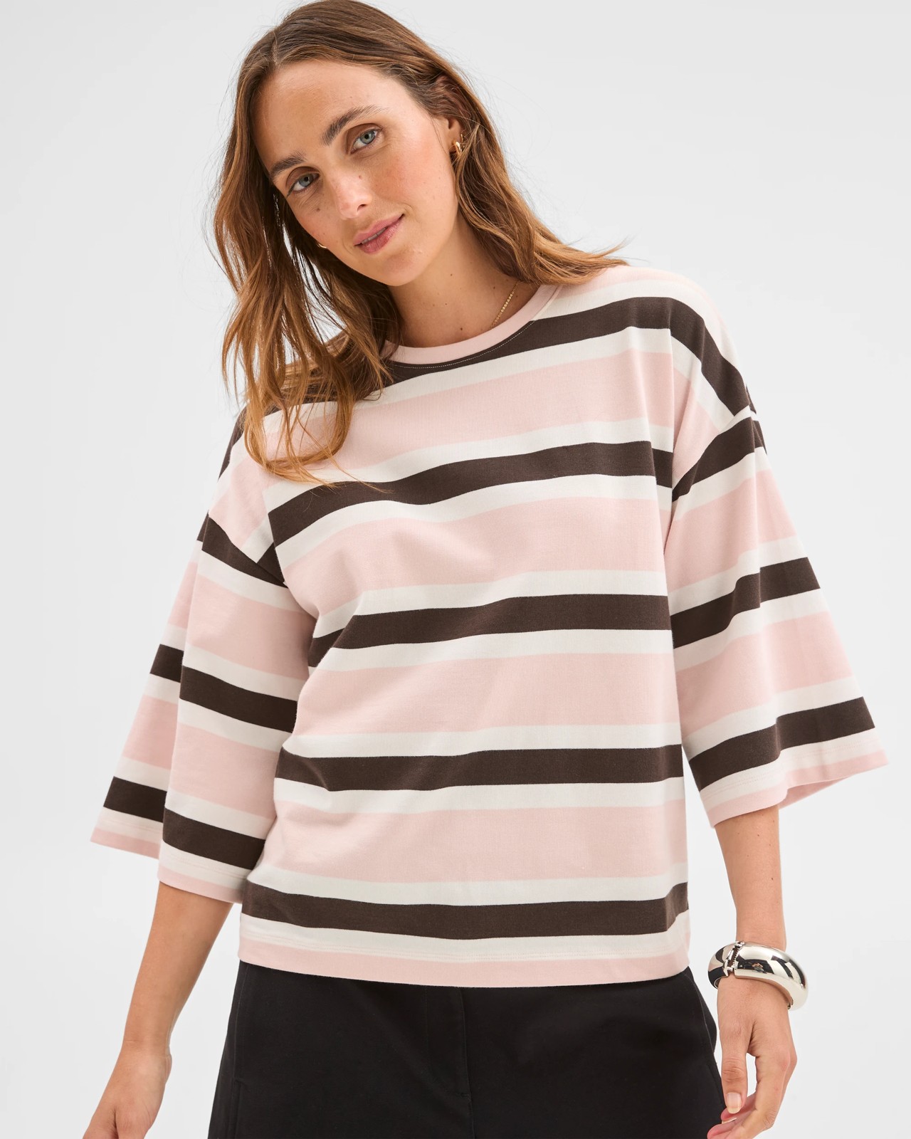 Australian Cotton 3/4 Length Wide Sleeve Boxy T-Shirt - Pale Rose/Black Coffee/Cloud Dancer 2 of 5
