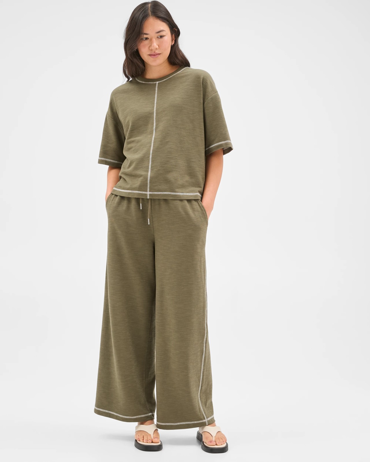 Textured Pants with Contrast Seams - Dusty Moss 3 of 5