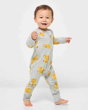 Bonds Baby Print Zip Wondersuit Coverall - Grey Marle Ralph Yellow