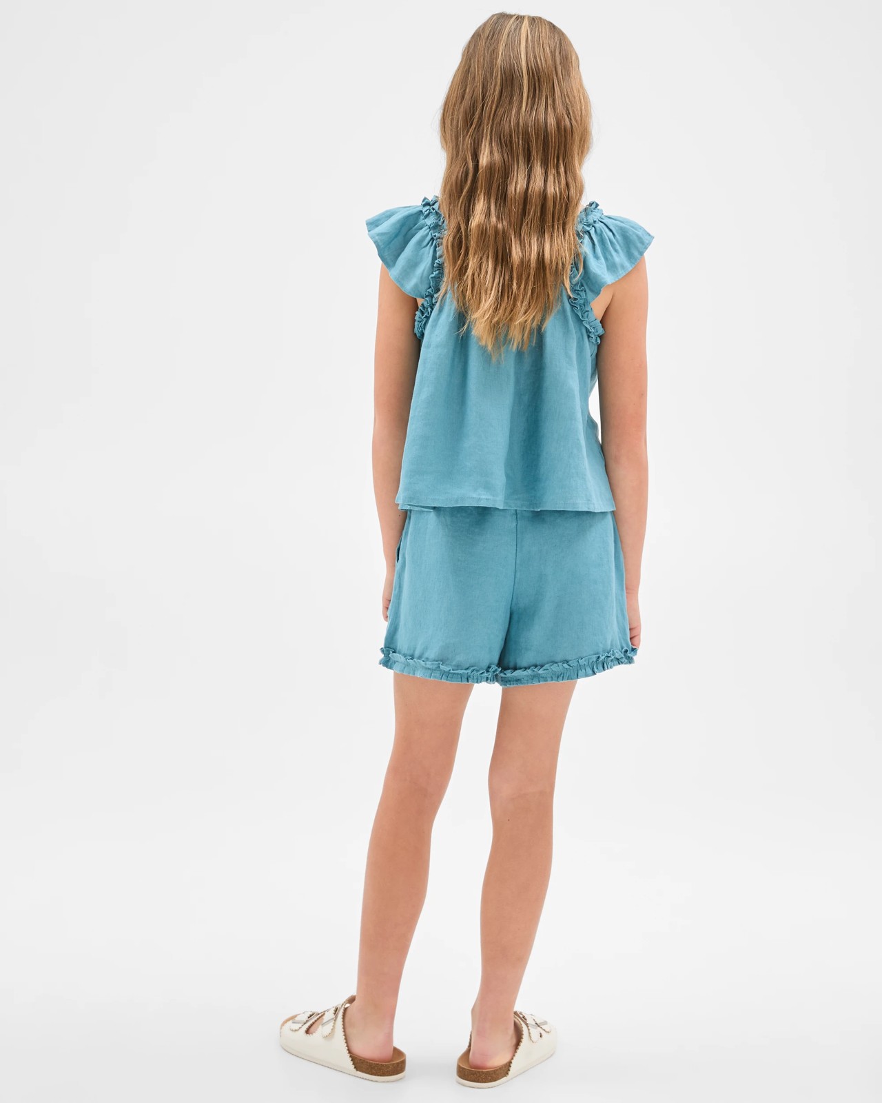 European Linen Frill Shorts - Blue 5 of 5