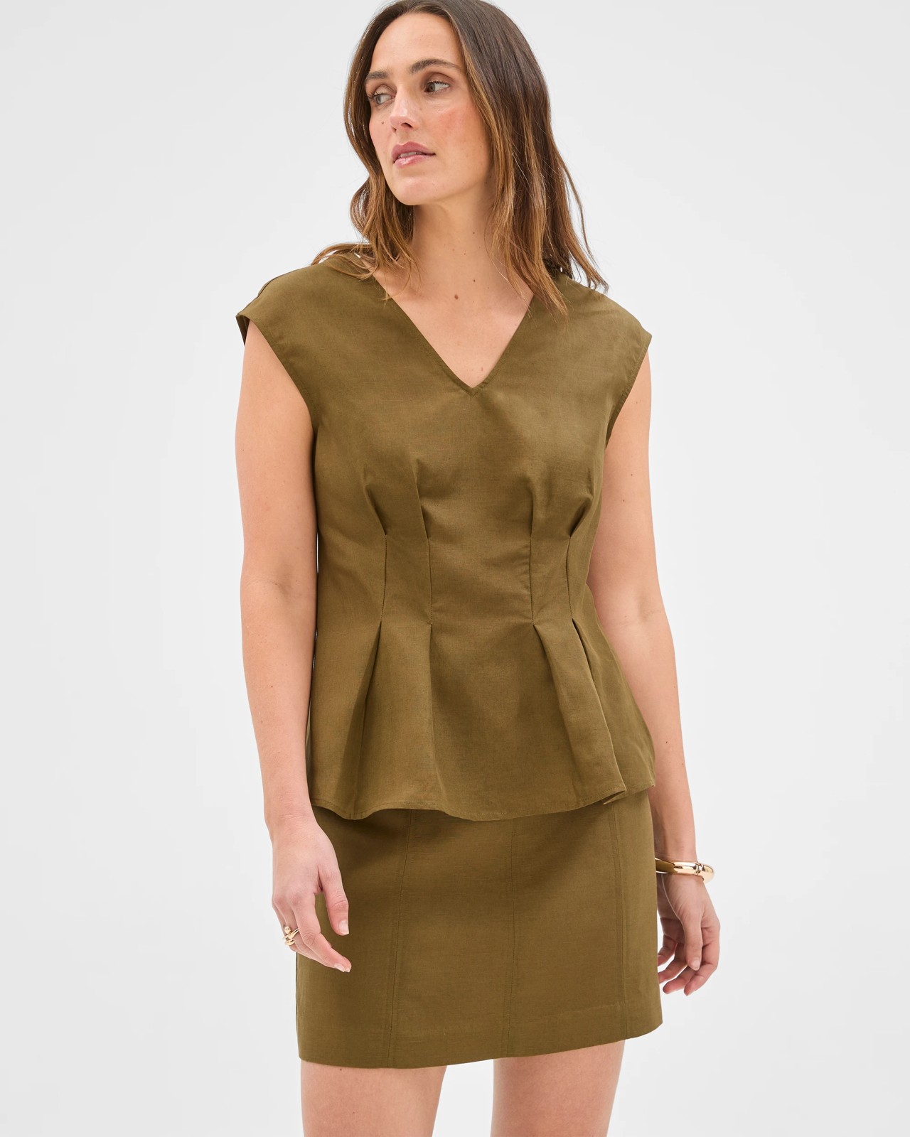 Preview Tania Sleeveless Tuck Waist V-Neck Tunic Top 2 of 5