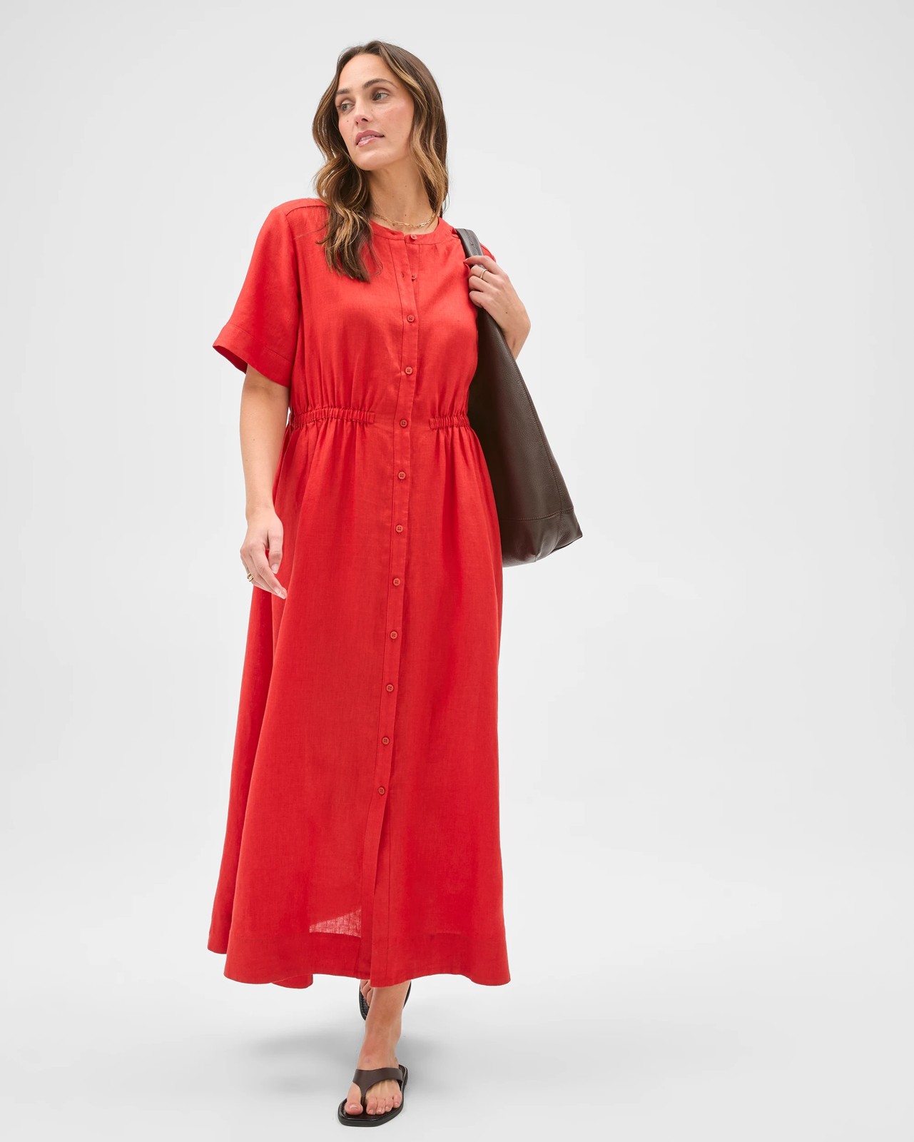 European Linen Short Sleeve Midi Femme Dress - Warm Terracotta 2 of 5