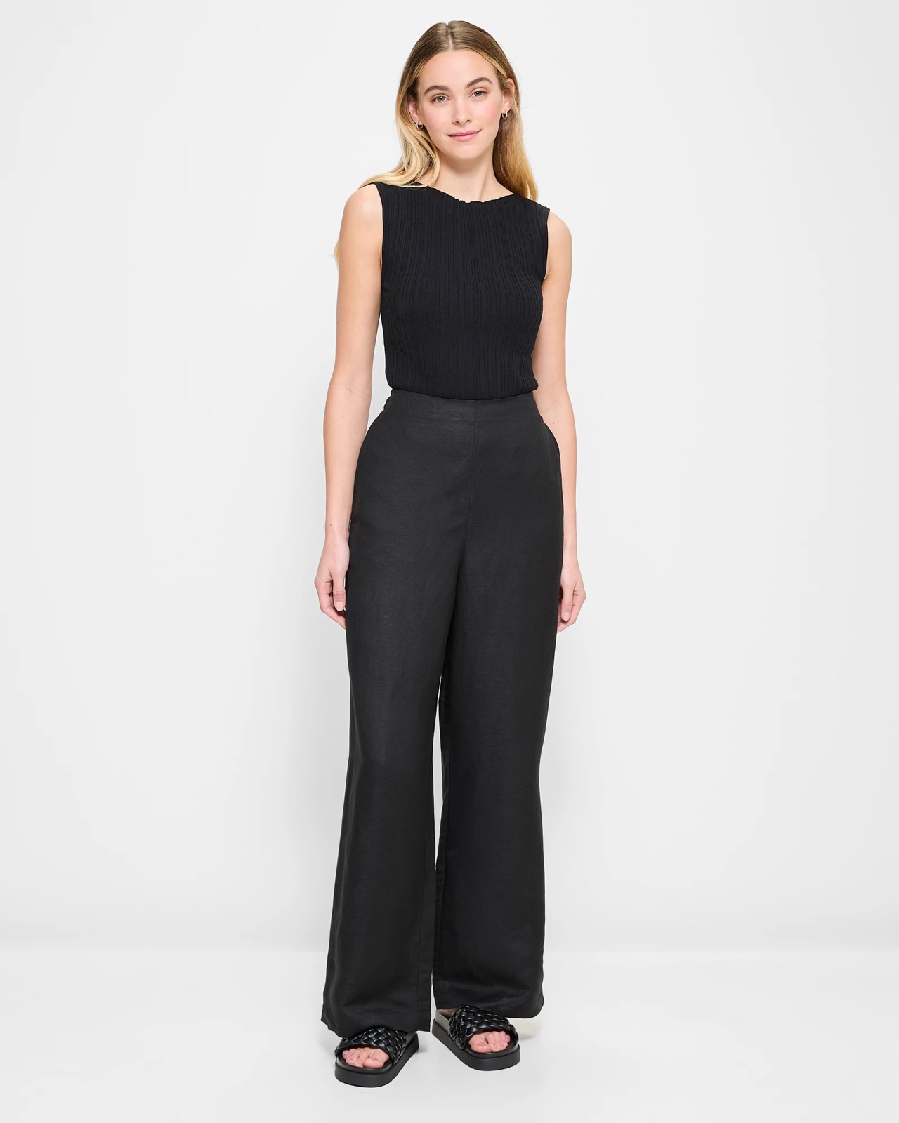 Linen Blend Flat Front Wide Leg Pants Preview Black Target Australia