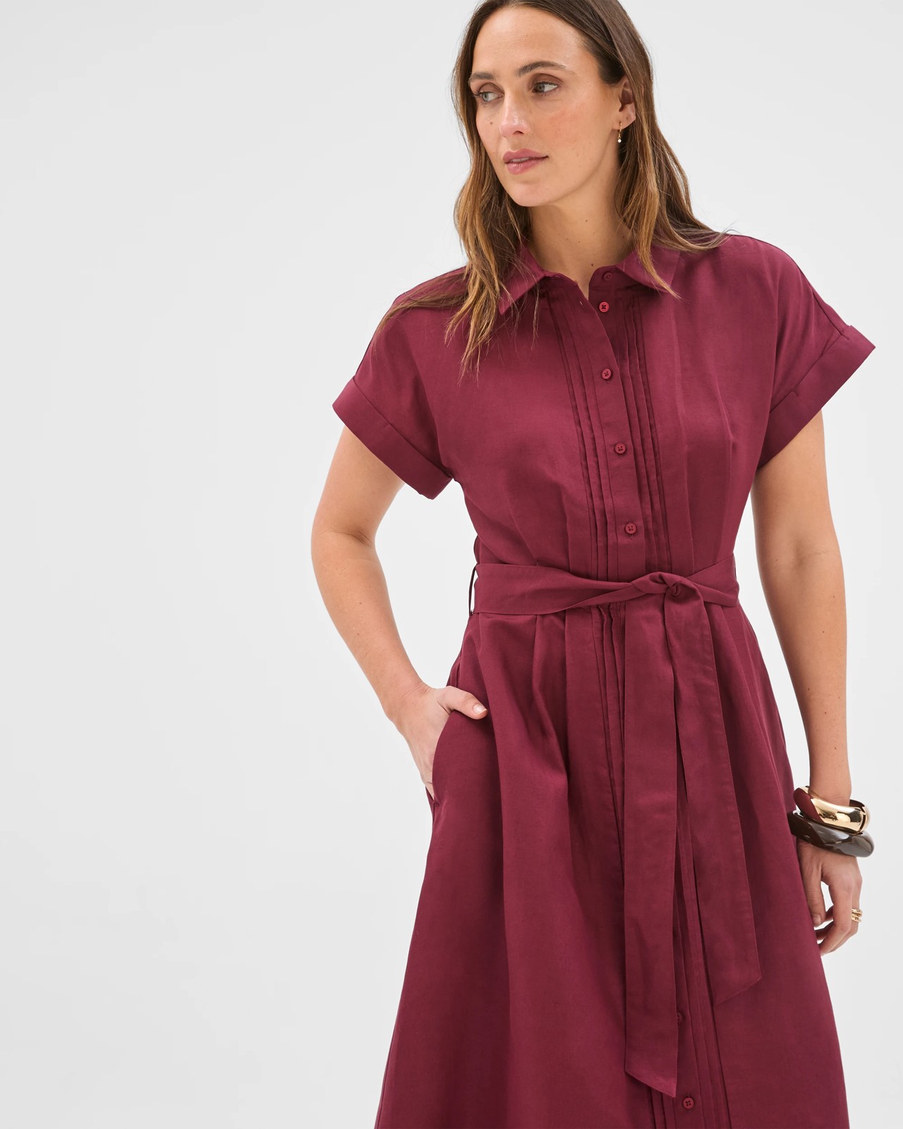 Preview Short Sleeve Pintuck Midi Shirt Dress - Sangria 3 of 5