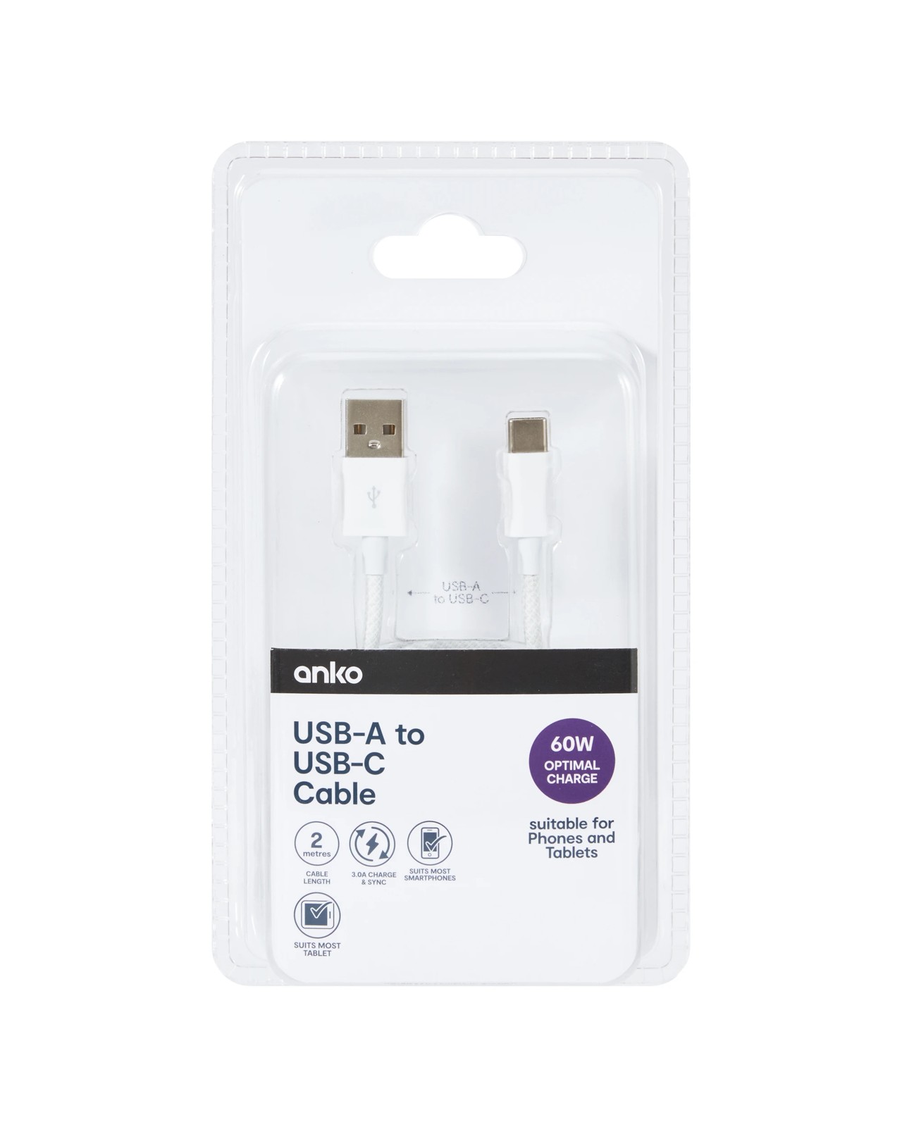 Anko 2m USB-A to USB-C 60W Braid Cable - White 4 of 5