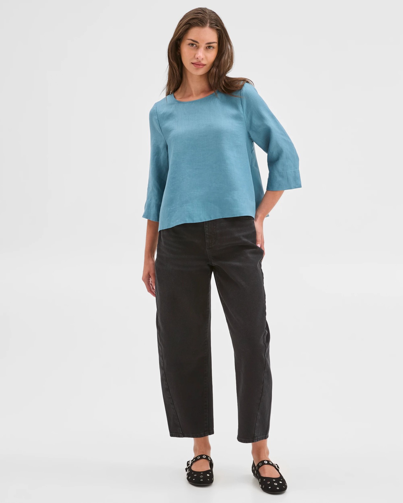 Petites European Linen 3/4 Sleeve Cross Back Top - Sea Teal 2 of 5