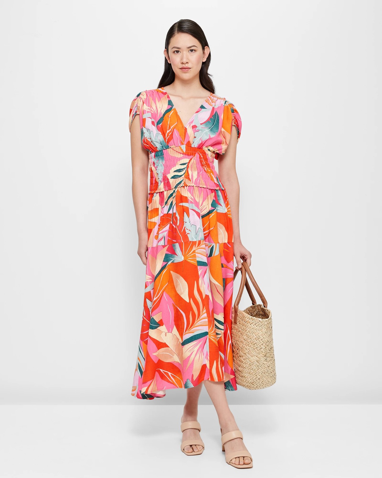 Tropical Palm Shirred Waist Maxi Dress